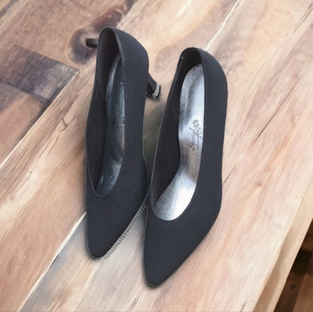 VINTAGE SAUGUS Black Neoprene Rhinestone Wrapped Heels 9 Wedding Pumps Shoes - Picture 2 of 15